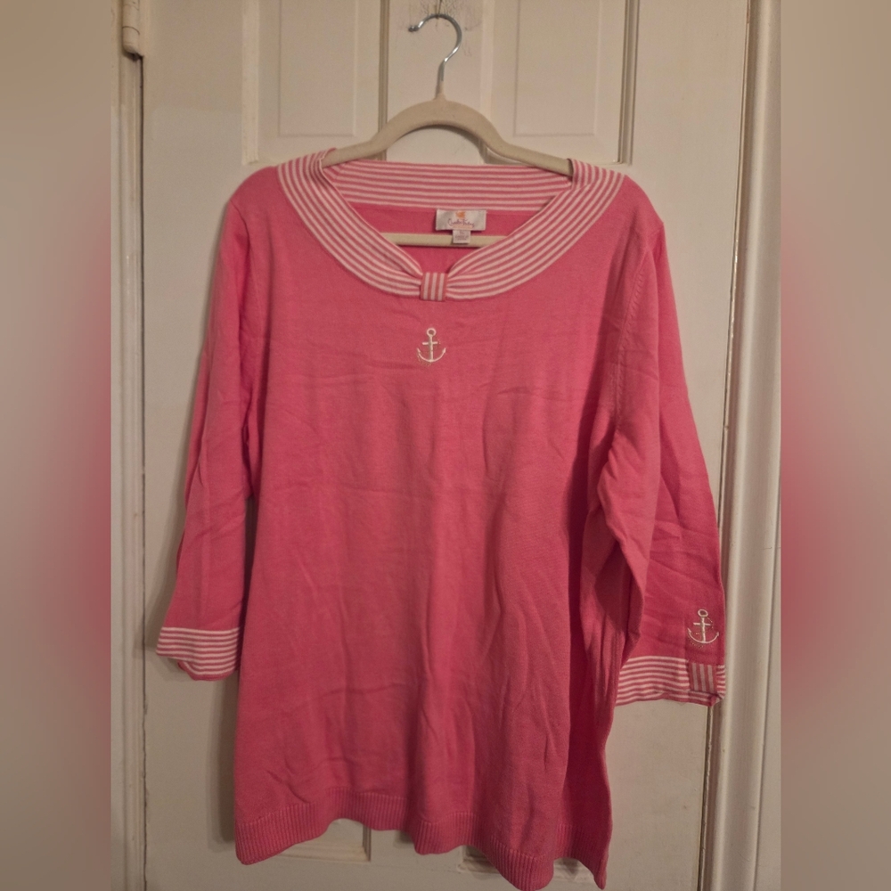 Quacker Factory Pink Nautical Top with Anchor Embroidery